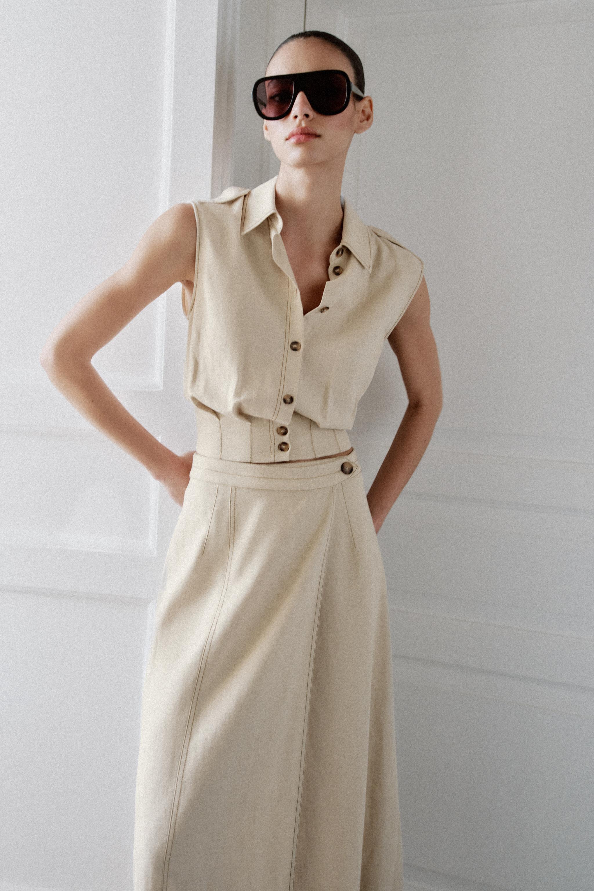 LINEN BLEND WRAP MIDI SKIRT